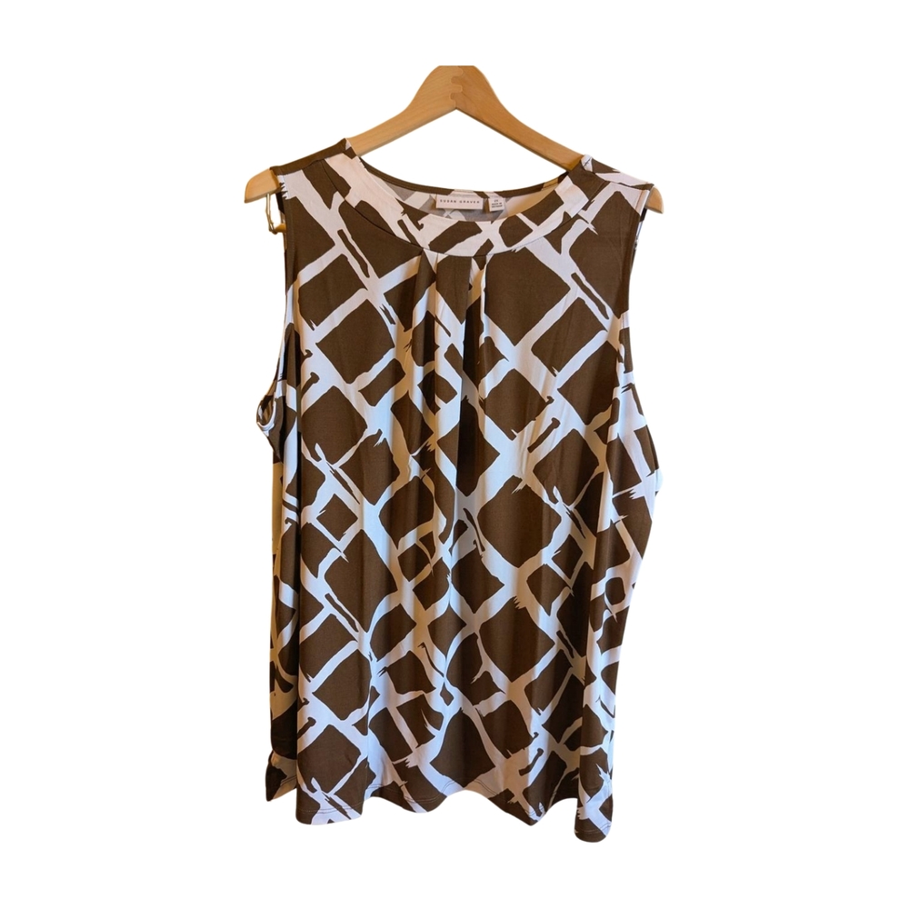 Susan Graver Liquid Knit Brown and White Geometric Sleeveless Blouse 2X NWOT